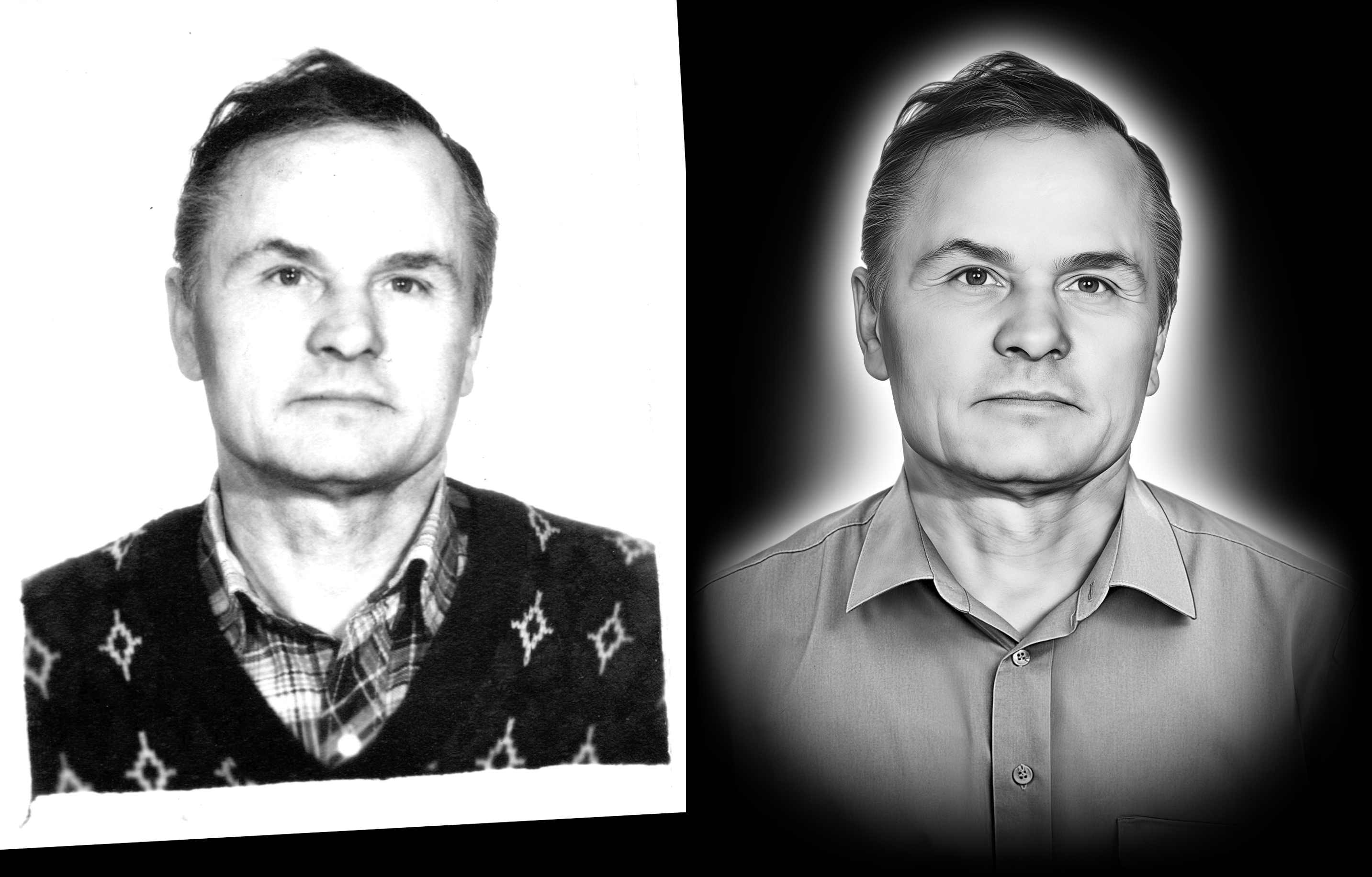 Black and white memorial photo retouching for headstone engraving